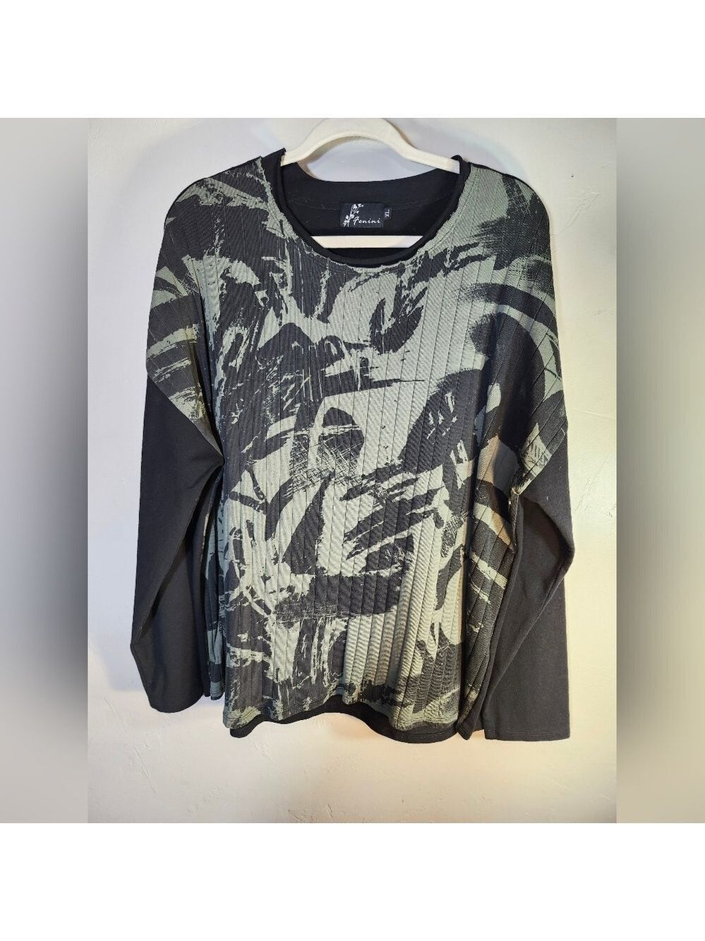 Fenini Brush Stroke‎ 100% Cotton Drop Shoulder Raw Edge Neckline Boxy Top Sz XL